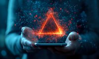 Glowing neon triangle hologram floating above smartphone screen with particle effects in dark blue atmosphere, hands holding mobile device for technology concept.