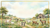 Herd of goats grazing in pastoral farmland with rustic barn, fences, and rolling hills, suitable for agricultural, rural lifestyle, and farm-themed designs.