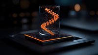 Glowing orange spiral DNA helix structure floating in glass container on illuminated platform against dark background, modern scientific visualization concept.
