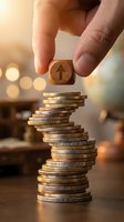 Hand holding wooden cube with upward arrow above stacked coins, symbolizing financial growth, investment returns, and business success for wealth management and economic concepts.