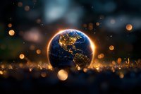 Planet Earth at night showing North and South America continents with glowing city lights, surrounded by magical bokeh light effects and golden glow.