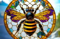 Decorative stained glass window with detailed honey bee design featuring golden wings, black stripes, and vibrant purple accents in circular frame against blue sky background.