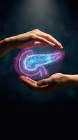 Protective hands surrounding glowing pancreas organ with neon light effects for medical healthcare and digestive system awareness concepts.
