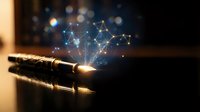 Luxury fountain pen with glowing digital network connections emerging from tip, representing creative writing, innovation and digital communication technology.