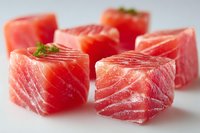 Fresh raw tuna cubes with green garnish on white background, showcasing vibrant pink color and marbled texture for gourmet seafood dishes.