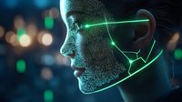 Digital wireframe face profile with glowing green lines and binary code texture against dark background with bokeh lights, representing artificial intelligence.