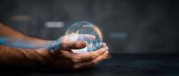 Hands holding glowing crystal sphere with digital network connections, representing future technology, innovation, and global business solutions for corporate presentations.
