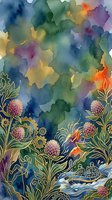 Watercolor art nouveau composition with thistle flowers, gold outlines, gears, tiny figures rafting, and vivid multicolor washes for creative design.