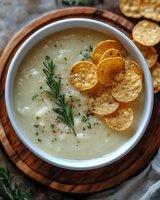 Creamy potato soup garnished with crispy crackers, fresh rosemary, and herbs served in white bowl on wooden board. Comfort food styling for restaurant menu.