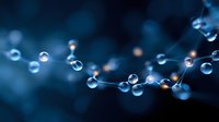 Glowing molecular structure with connected spheres on dark blue background, abstract scientific visualization showing chemical bonds and atoms.