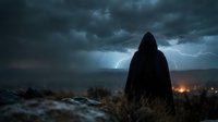 Mysterious hooded figure silhouette standing in dark stormy landscape with dramatic lightning and ominous clouds for thriller and horror concepts.