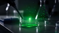 Laboratory scientist using pipette to add green fluorescent solution to petri dish in modern research facility with glowing particles and professional equipment.