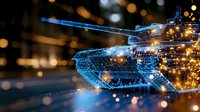 Military tank digital wireframe hologram glowing with blue light and golden bokeh effect on dark background, futuristic technology concept.