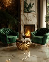 Luxurious living room interior with emerald green velvet armchairs, marble fireplace, golden coffee table and tropical plants creating elegant home decor.