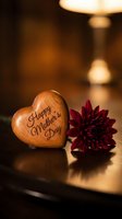 Wooden heart with Happy Mother's Day text and burgundy dahlia flower on warm table setting with soft lamp lighting for greeting cards and gifts.