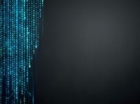 Digital rain of glowing cyan binary code cascading down dark background, representing data flow, cybersecurity, technology, and digital transformation concepts for tech industry use.
