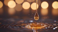 Golden drop of liquid falling into rippling surface creating concentric circles with warm bokeh lights in background, macro photography for cosmetic and spa marketing.