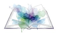 Open book with colorful watercolor splash emerging from pages in purple, blue and green tones on white background for creative education concepts.