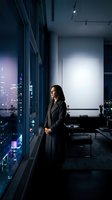 Professional businesswoman in dark suit standing by floor-to-ceiling windows overlooking illuminated city skyline at night in modern corporate office.