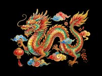 Ornate Asian dragon with flowing mane, scales in red, gold, and green, surrounded by decorative clouds and lanterns. Isolated on transparent background, ready for t-shirts, stickers, clipart, and print-on-demand designs.