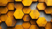 Yellow hexagonal geometric pattern on dark background with grunge texture and depth effect creates modern industrial or technological appearance.