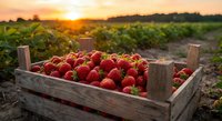 Fresh ripe strawberries in wooden crate at sunset farm field. Organic berry harvest agriculture concept for healthy eating and farming industry.
