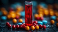 Red liquid in tall glass test tube surrounded by scattered fresh cranberries and sea buckthorn berries on dark textured surface with blurred bokeh background.