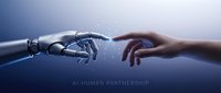 Robotic hand reaching toward human hand symbolizing artificial intelligence and human collaboration in futuristic technology partnership concept.
