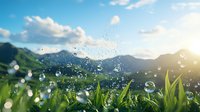 Sparkling water drops and morning dew on fresh green grass blades against mountain landscape background with sunrise and blue sky with white clouds.