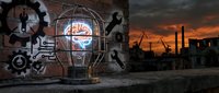 Neon glowing skull with mechanical gears and industrial elements on urban rooftop at sunset, steampunk aesthetic for dark fantasy and sci-fi design projects.