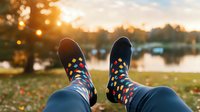 Colorful polka dot socks against sunset lake view with autumn leaves on grass, creating relaxing outdoor lifestyle scene with bokeh light effects in background.