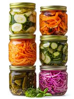 Assorted fermented vegetables in glass jars including pickled cucumbers, carrots, cabbage and green beans. Homemade preserved food for healthy probiotic diet.