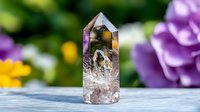Clear quartz crystal point with natural inclusions and rainbow reflections on wooden surface against blurred floral garden background, spiritual healing stone.