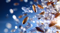 Floating pharmaceutical capsules and pills on blue background with sparkling water drops and dynamic motion blur effect for medical presentations.
