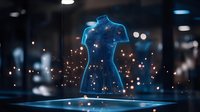 Futuristic glowing blue mannequin torso with digital particles floating around it, displayed on illuminated platform against dark background.