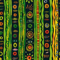 Vibrant ethnic striped pattern in green, yellow and orange with abstract tribal elements and geometric shapes creates seamless background for fabric and wallpaper design.