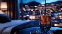 Young adult male, Caucasian appearance, relaxing in luxury hotel room with evening cityscape view, holding glass of cola with ice, nighttime urban backdrop with bokeh lights, leisure and lifestyle concept.