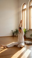 Young woman practicing yoga stretching exercise in bright sunlit room with wooden floor and arched windows for wellness and mindfulness routine.