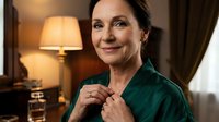 Confident mature Caucasian businesswoman in emerald green blazer adjusting collar in elegant office interior with warm lighting and classic decor.