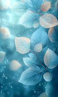 Delicate leaves with water drops against turquoise background, soft glowing bokeh effect creates dreamy atmosphere for nature-inspired designs.