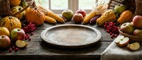 Autumn harvest arrangement with empty plate surrounded by pumpkins, corn, apples, and berries on rustic wooden table for seasonal food styling and harvest celebrations.