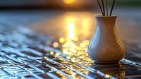 White ceramic vase with reed diffuser on reflective surface against golden sunset bokeh background creates serene spa atmosphere with warm glowing light effects.