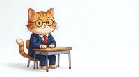 Orange tabby cat wearing glasses and business suit sitting at desk on white background isolated for design use.
