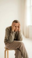 Stressed elderly Caucasian woman holding head in hands sitting on chair experiencing headache depression anxiety mental health issues in bright room.