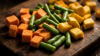 Fresh diced sweet potato cubes and green beans on rustic wooden cutting board for healthy cooking and meal preparation.