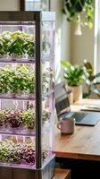 Modern indoor hydroponic growing system with LED lights cultivating fresh herbs and microgreens in home kitchen for sustainable urban farming.