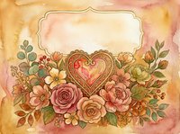Vintage watercolor floral card with ornate heart and roses in warm tones, blank label frame for text, romantic Valentine or wedding design.