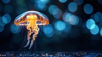 Luminous jellyfish floating over city skyline at night with glowing bokeh lights creating magical underwater atmosphere against dark blue background.