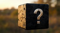 Weathered wooden cube with metal question mark symbol against blurred natural background. Concept for mystery, decision making, problem solving and uncertainty.