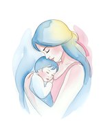 Watercolor mother holding newborn baby in tender embrace with soft pastel colors on white background for motherhood designs.